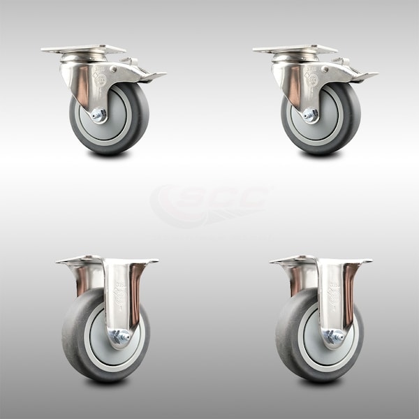 Service Caster 4 Inch 316SS Thermoplastic Rubber Swivel Plate Caster Lock Brake 2 Rigid, 2PK SCC-SS316TTL20S414-TPRB-2-R-2 - main